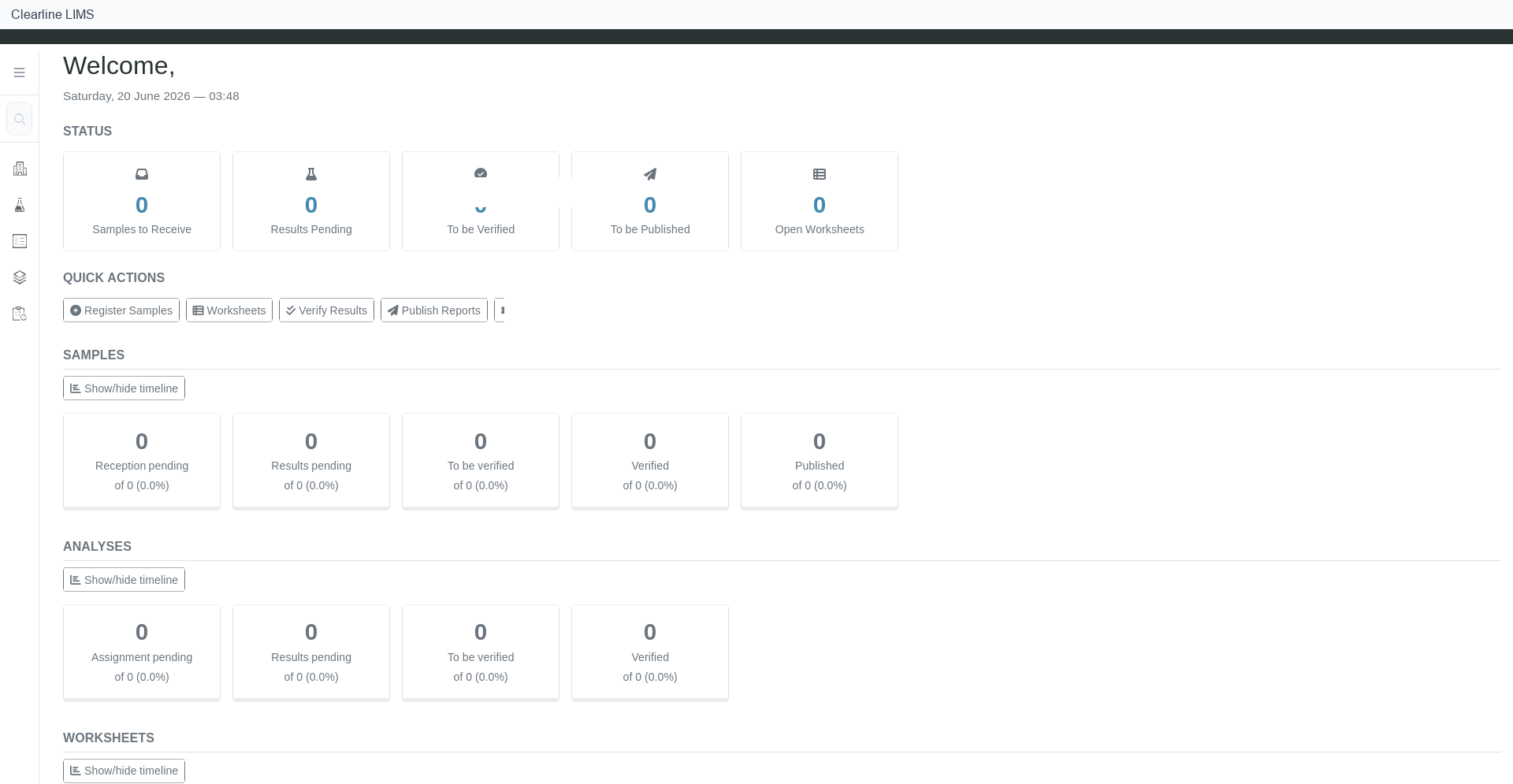 Clearline LIMS non-production dashboard with sample, result, review, publication, and worksheet status areas