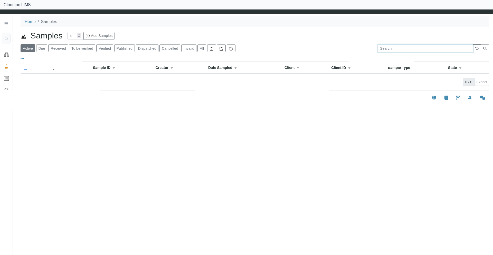 Clearline LIMS non-production samples list with lifecycle status filters and an empty sample queue